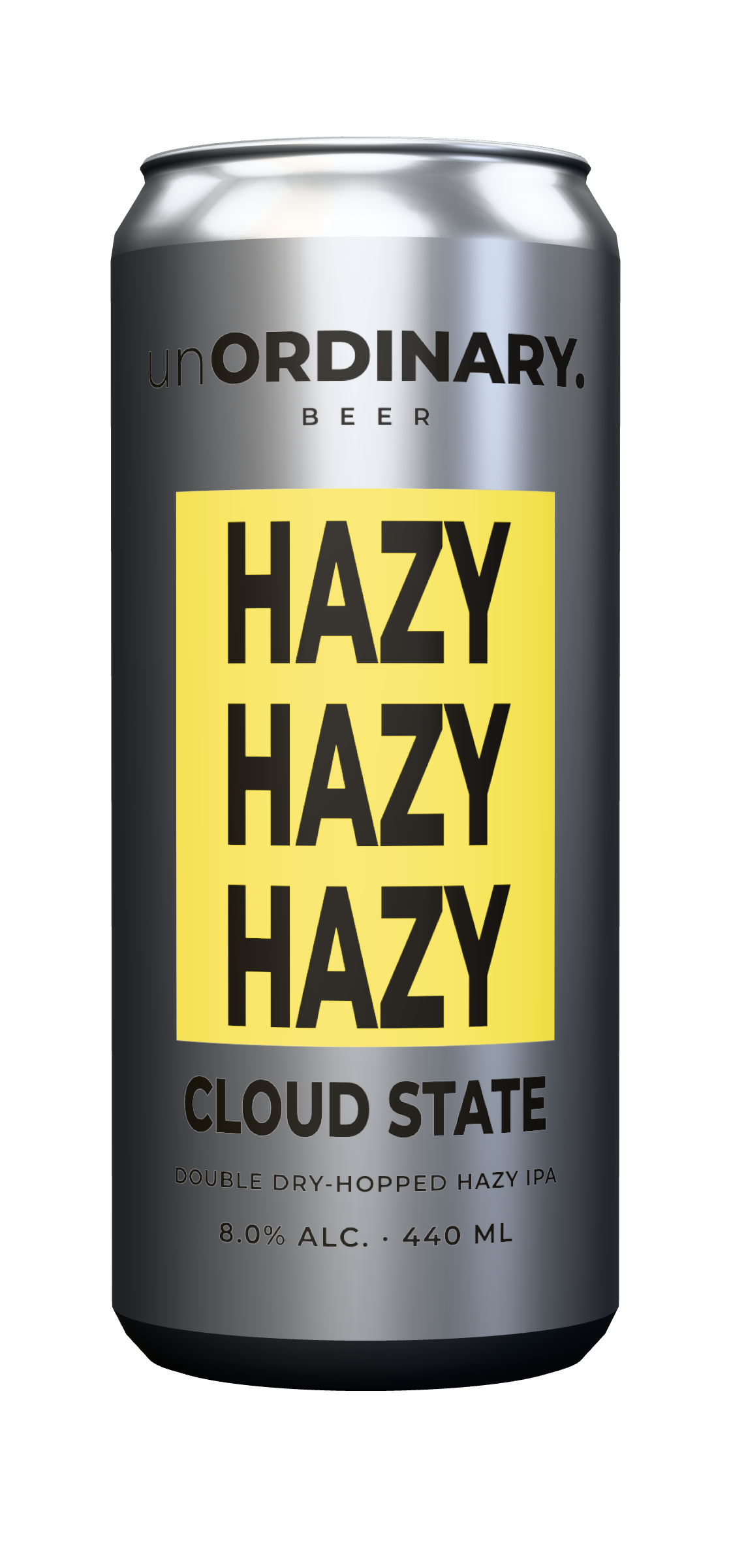 CLOUD STATE can: HAZY repeated on yellow over raw aluminium.